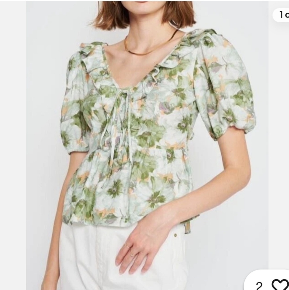 En Saison Green Floral Puff Sleeve Blouse